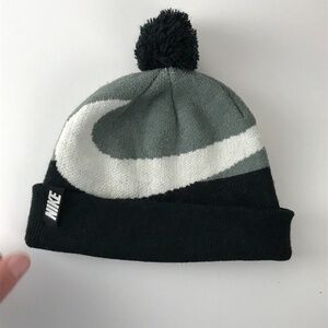 Nike Youth Large Swoosh Pom Pom Winter Hat Black Gray White